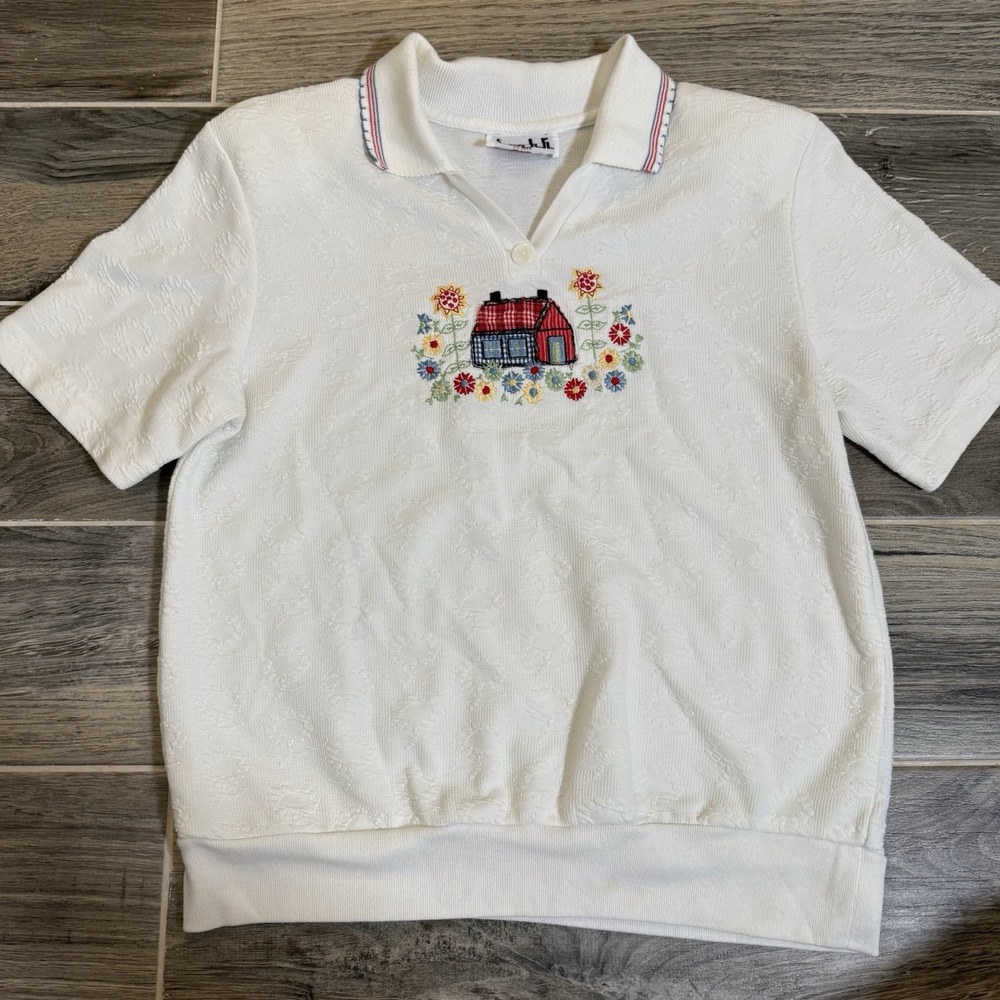 Vintage Teddi‎ Women's Top Embroidered Flowers S/P Collared Shoulder Pads